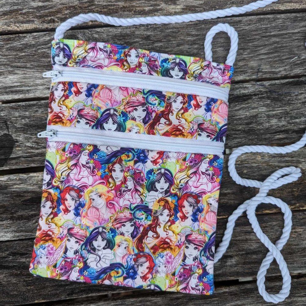 Princess crossbody fabric bag/ pouch 2 outer zippers Size 8"x6" Brand New